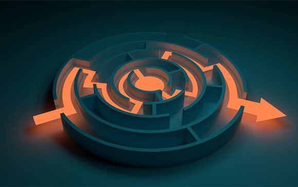 Illustrated maze with orange arrow running through it