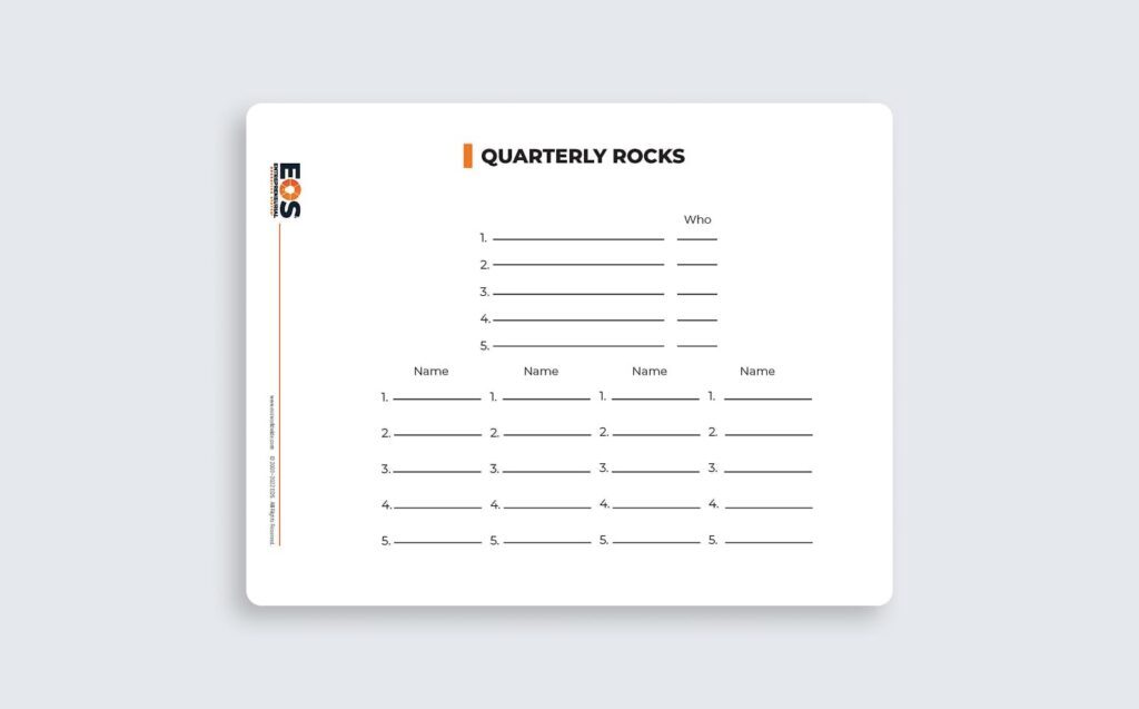 Rocks worksheet showing quarterly priorities and goal tracking in EOS
