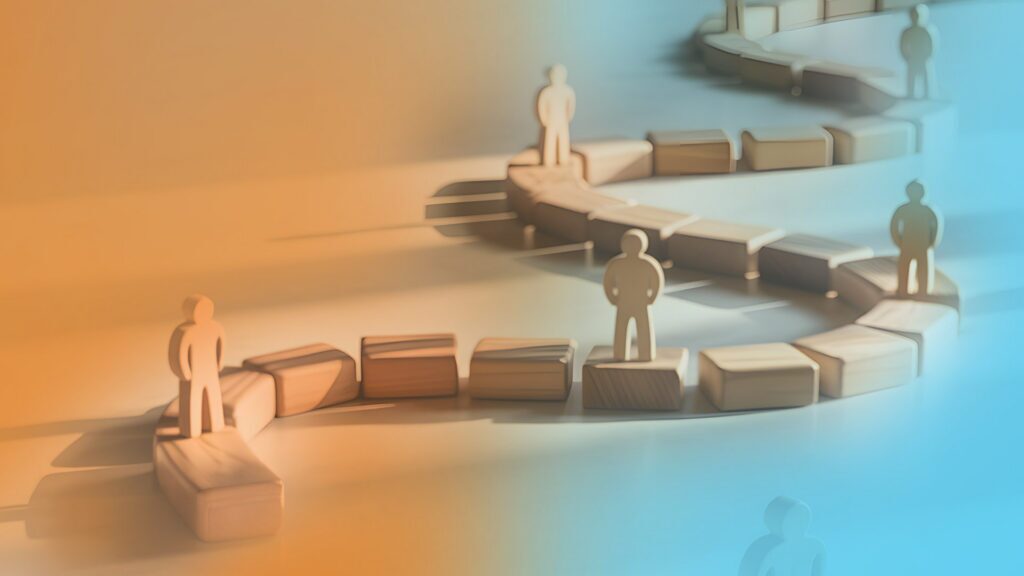 human-shaped blocks follow a board-game-style block path