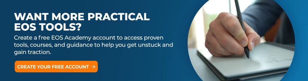 Banner with image of a hand writing on paper with text that discusses EOS Academy and encourages joining