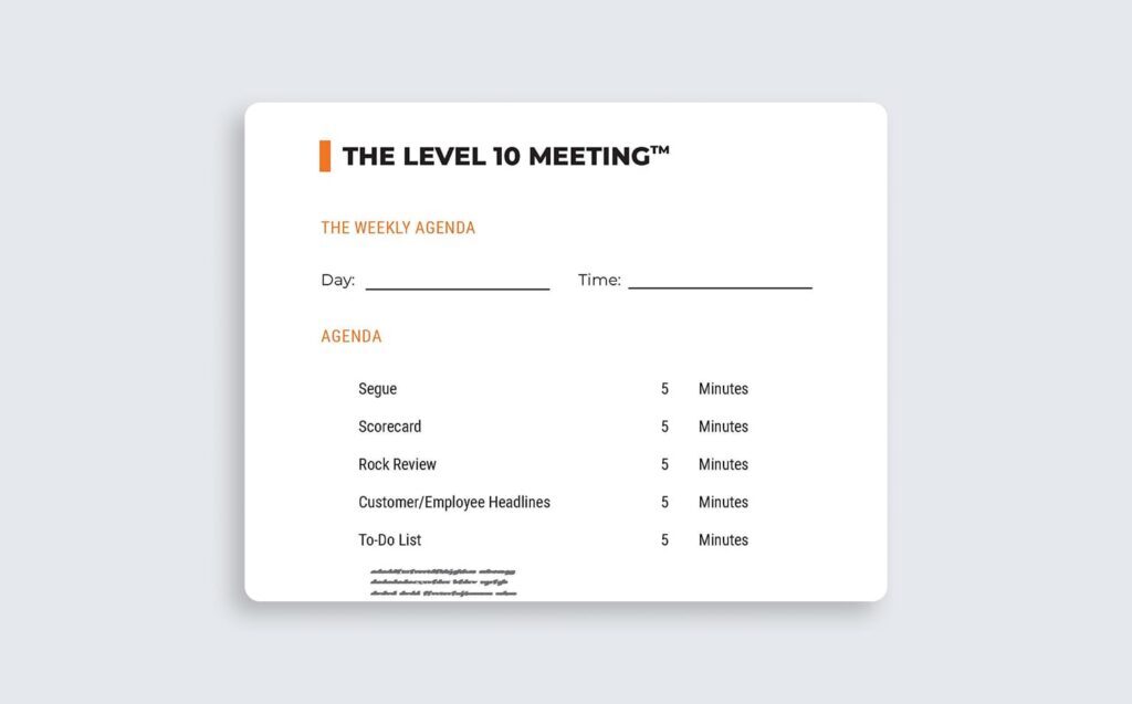 Level 10 Meeting agenda showing structured weekly EOS meeting format