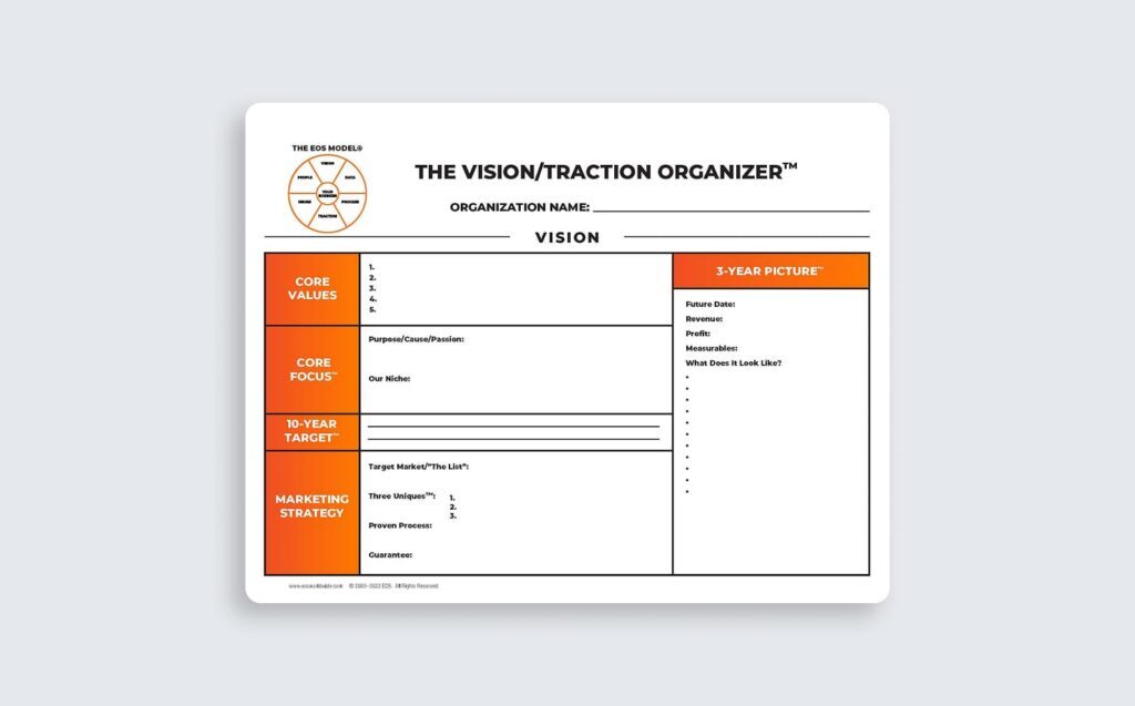 Vision Traction Organizer showing EOS planning template with core values, 3-year picture, and goals
