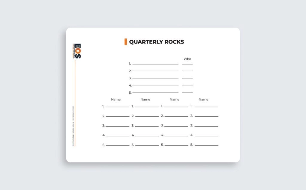 Rocks worksheet showing quarterly priorities and goal tracking in EOS