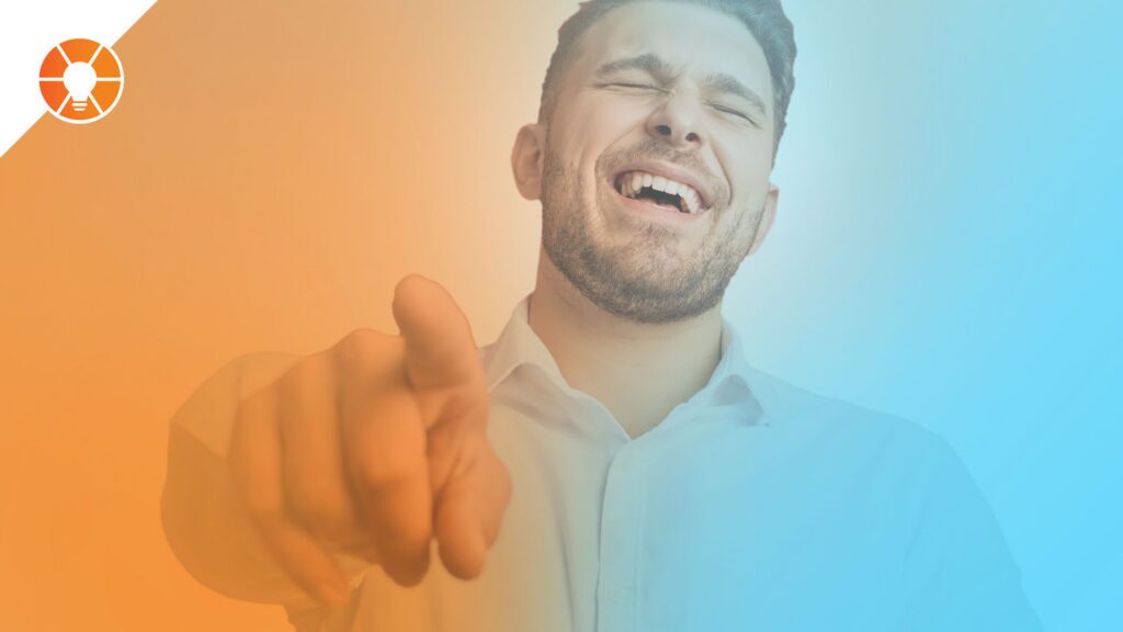 Man pointing to the viewer and laughing with faded orange and blue background EOS colors