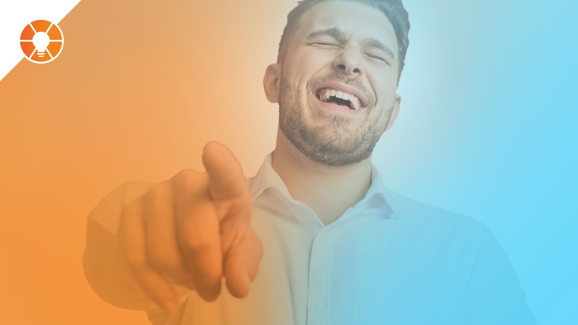 Man pointing to the viewer and laughing with faded orange and blue background EOS colors