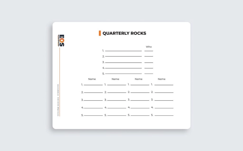Rocks worksheet showing quarterly priorities and goal tracking in EOS