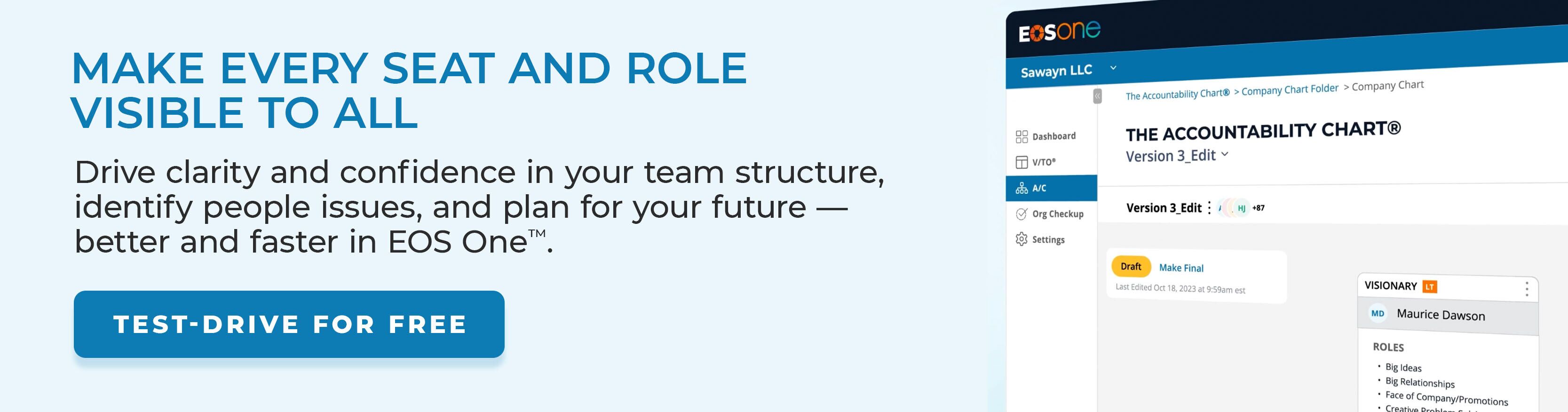 Drive clarity and confidence in your team structure, identify people issues, and plan for your future - better and faster in EOS One. Test drive EOS One for free 