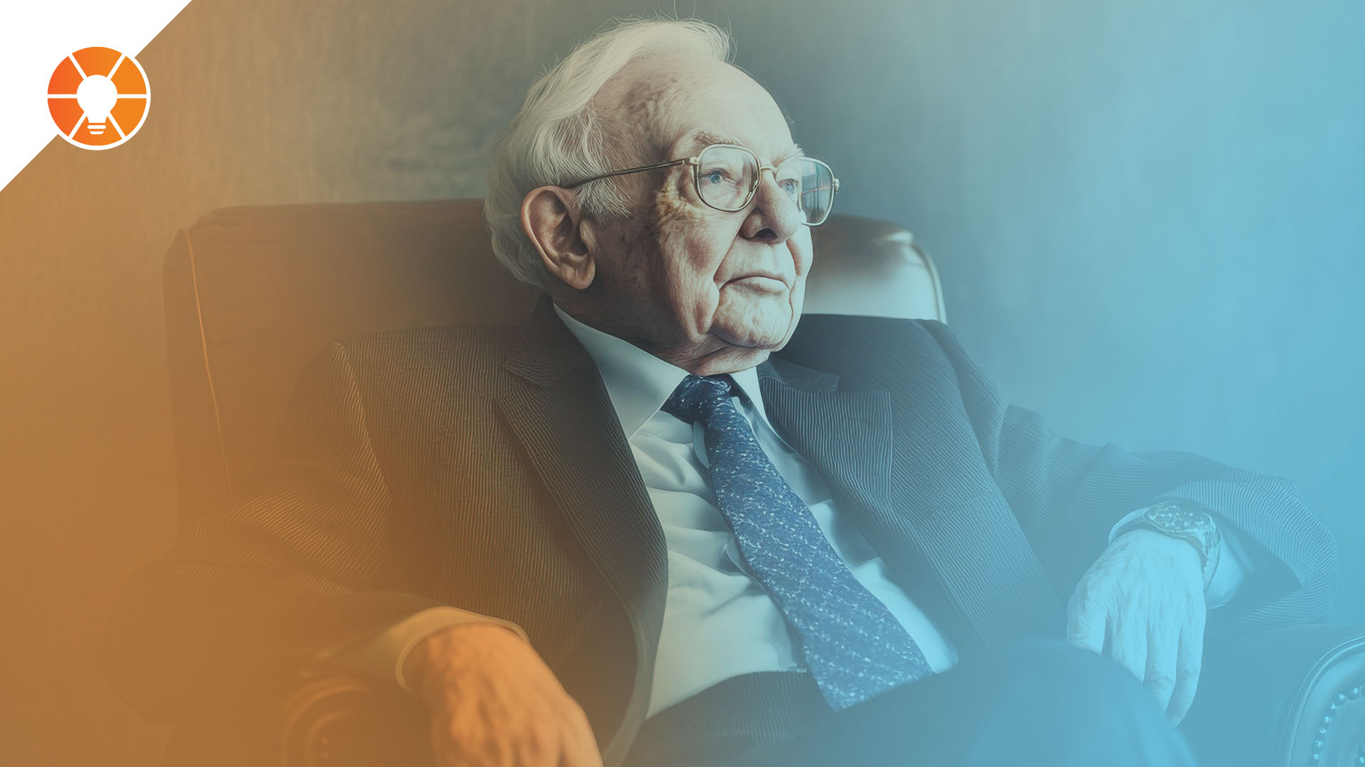 Elderly Warren Buffett sitting thoughtfully in a chair, dressed in a suit and tie, with soft orange and blue gradient overlay and EOS Model lightbulb icon in the corner