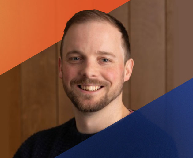 Headshot of Kieran James with EOS orange and blue branding